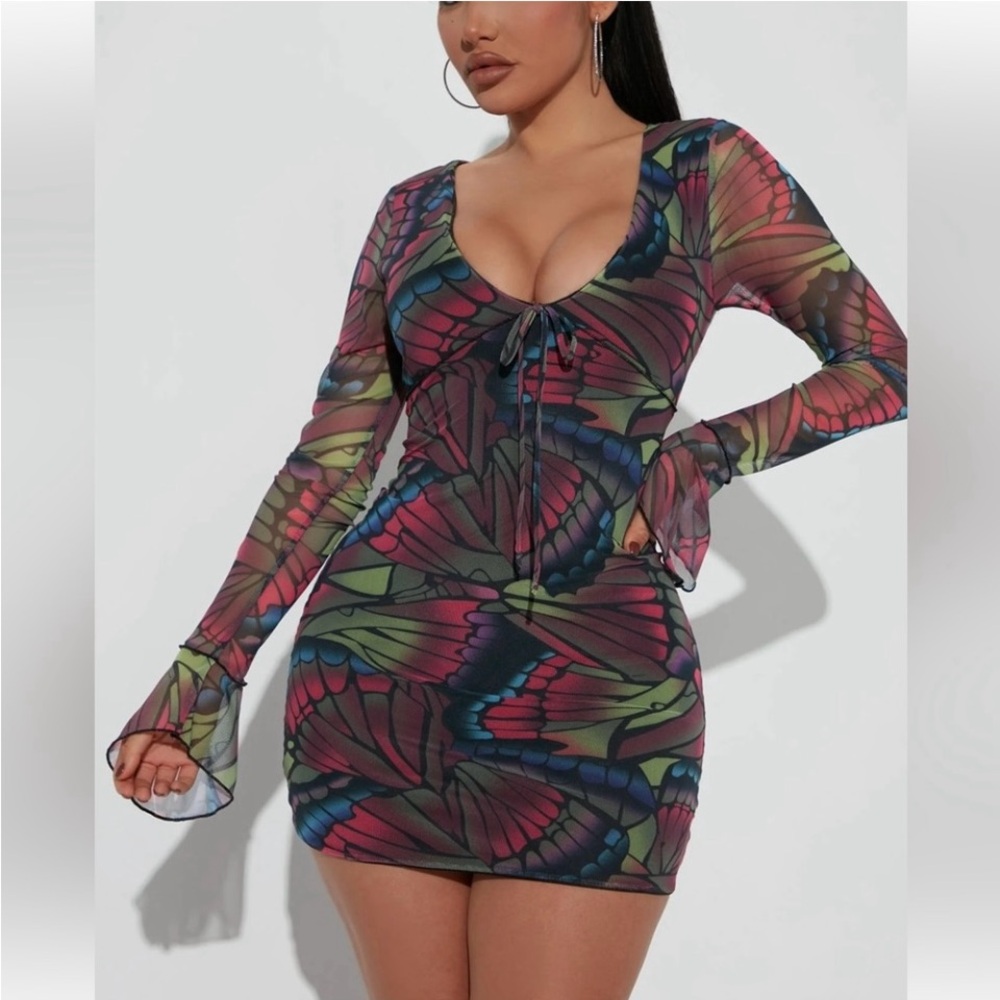 FashionNova Mariposa Colorful Butterfly Print Mesh Mini Sexy Dress Sz L